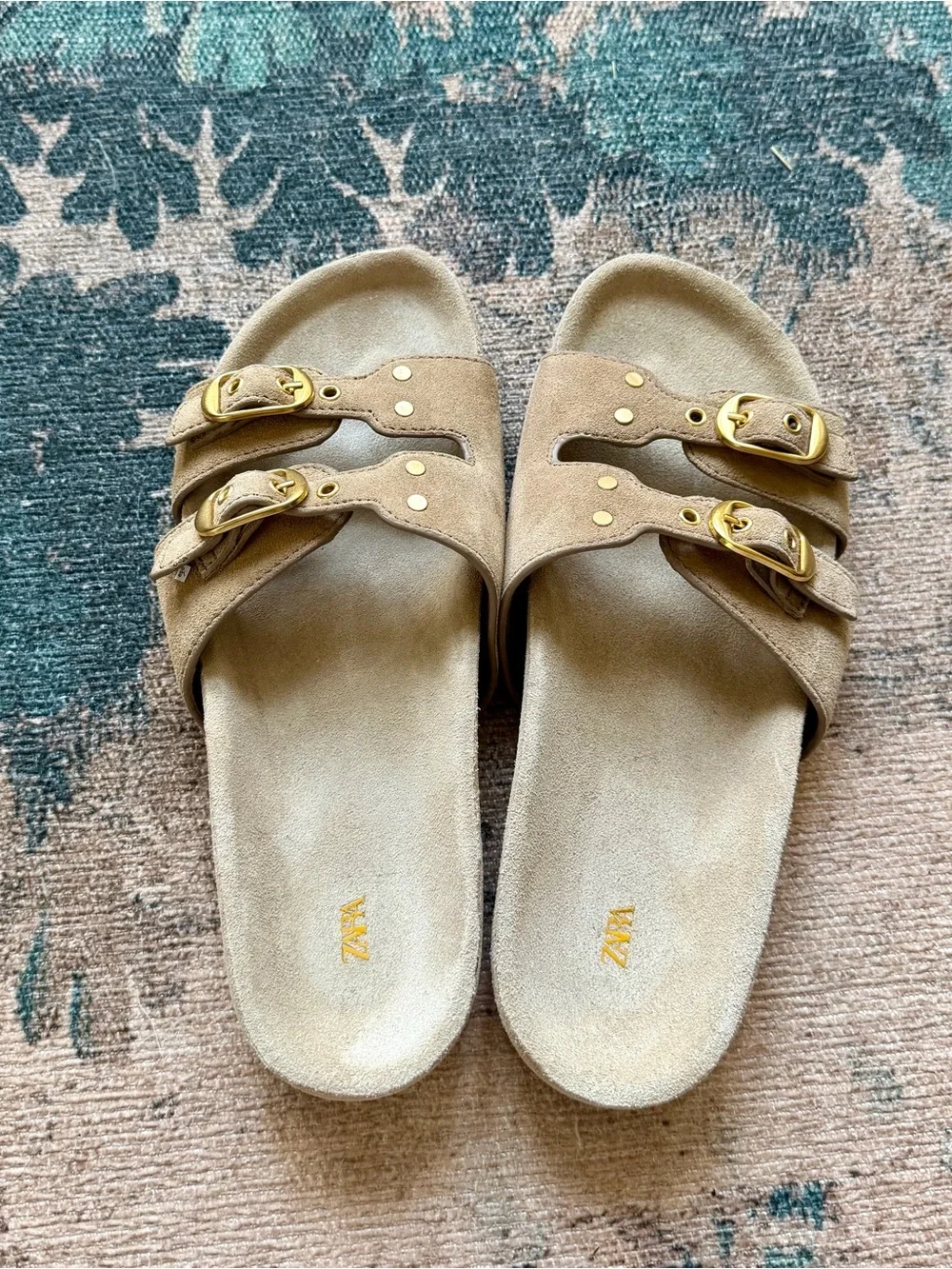 Zara Suede Leather Buckle Strap Studded Sandals in Camel Tan - 7.5